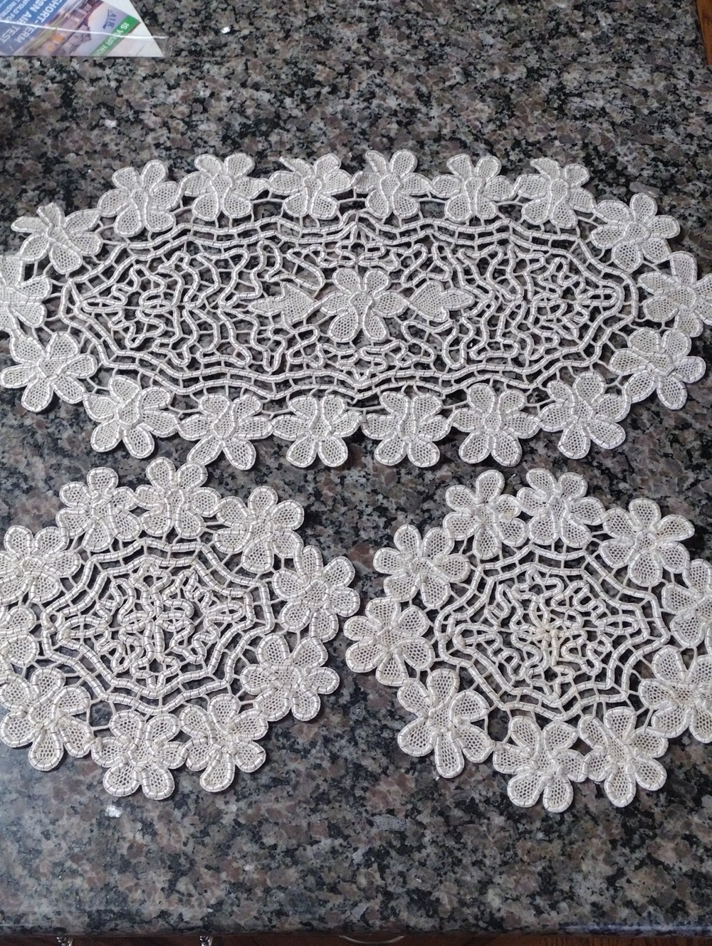 Lot of 3 Hand made Crocheted Elegant Cream Floral Lace Doily 2 small one long